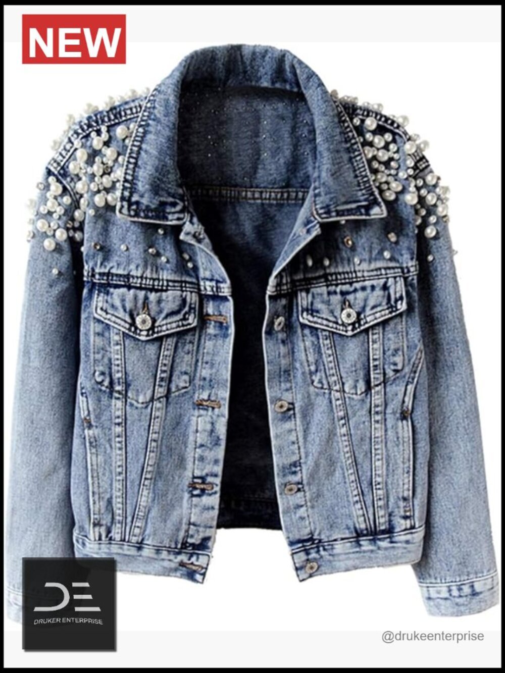 Embroidered Pearl Rivet Short Denim Jean Jacket Coat